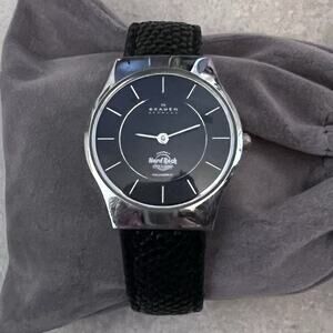 Skagen Denmark Hard Rock Cafe Hollywood FL Wrist Watch Black Lizard Band WORKS!